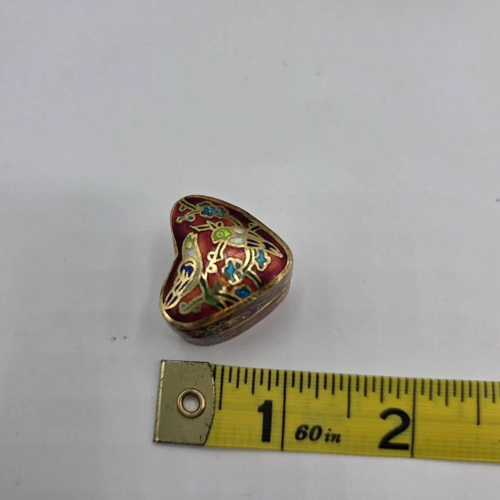 Heart Shape‎ Cloisonne Trinket Pill Box Red Blue Bird Floral Enamel Gold Trim